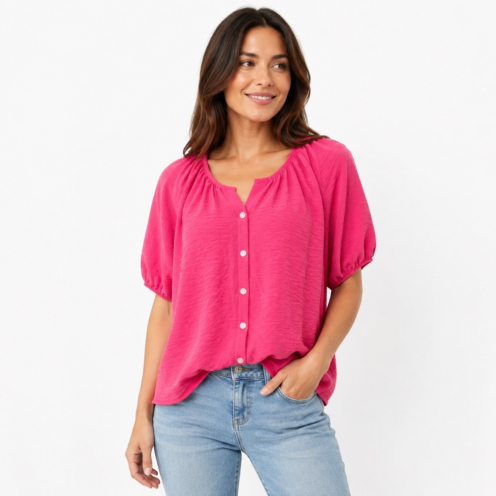 Accent Blouse Medium Pink Textured Puff Sleeve Button Up Top H2348